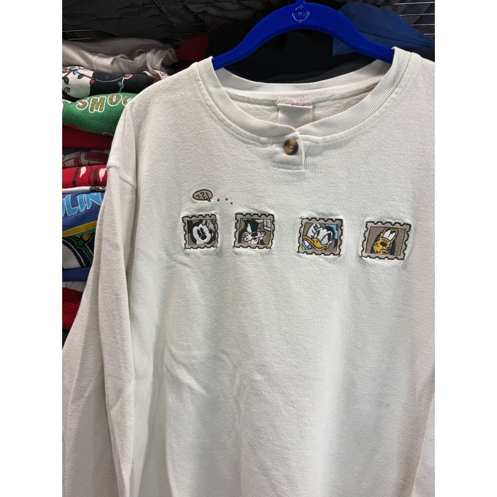 Disney Store Vintage Henley Sweatshirt Mickey Mouse Donald Duck White Mens XL